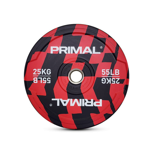 A 25kg patterned colour rubber bumper plate.
