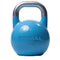 A blue competition style kettlebell designed for Hyrox training.