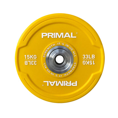 A yellow urethane bumper plate with steel centre ring.