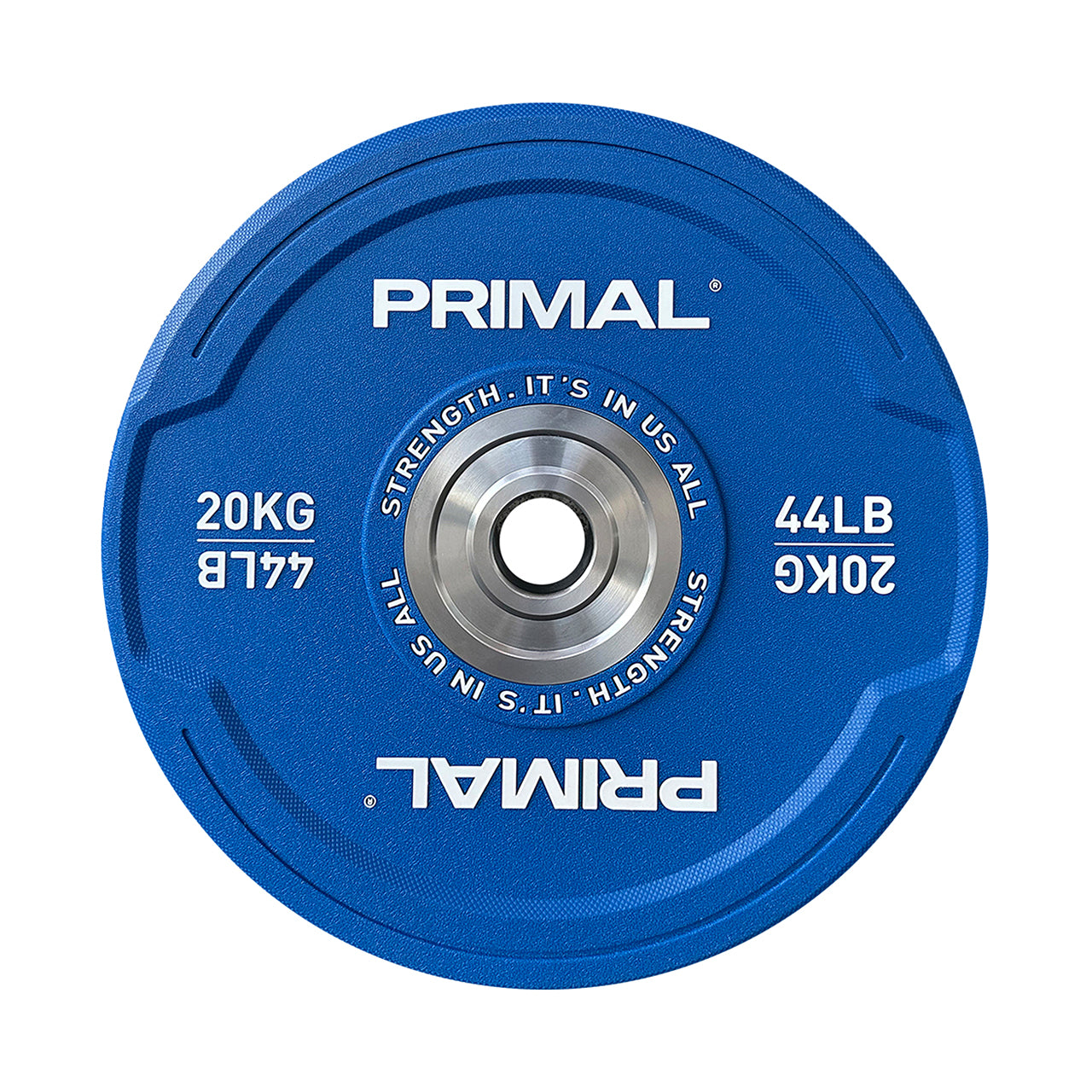 A blue urethane bumper plate with steel centre ring.