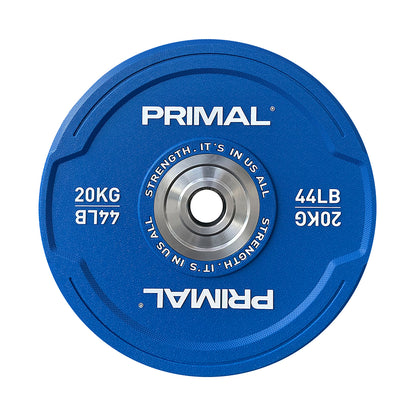 A blue urethane bumper plate with steel centre ring.