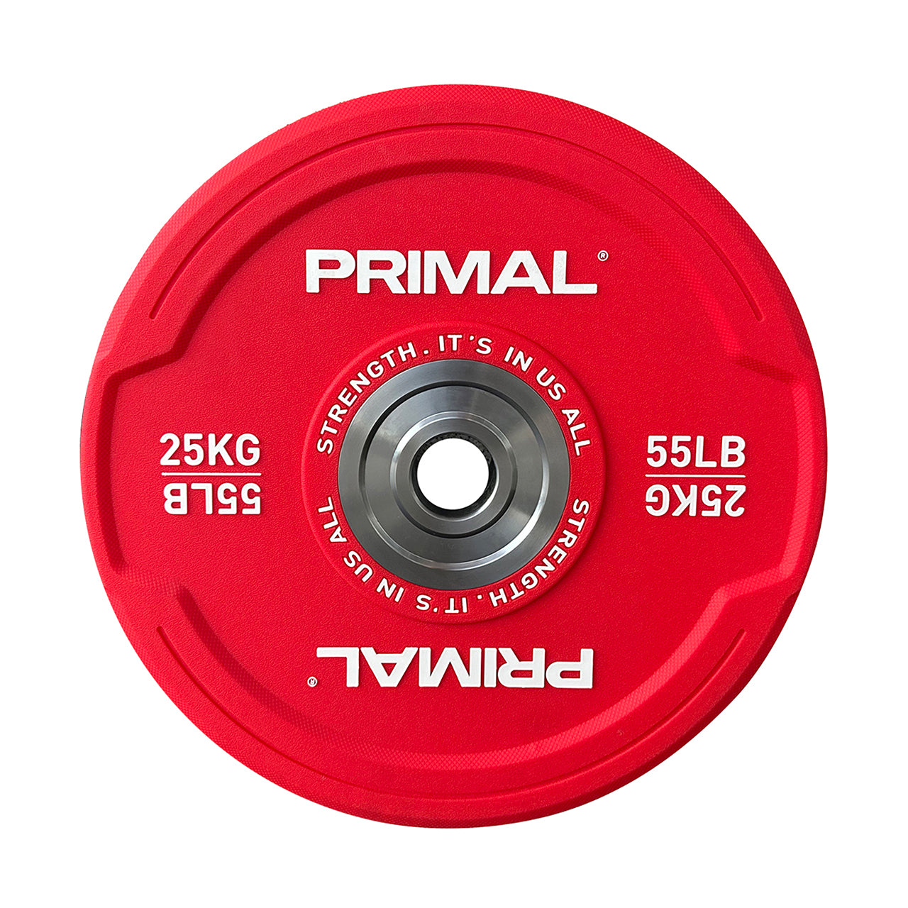 A red urethane bumper plate with steel centre ring.