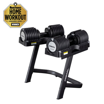 A 34kg pair of adjustable dumbbells placed on a storage stand.