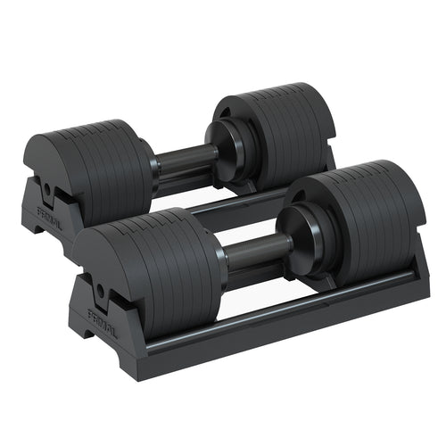 A pair of black 40kg adjustable dumbbells in storage cases.