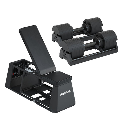 A HIIT gym bench with a pair of 40kg adjustable dumbbells.