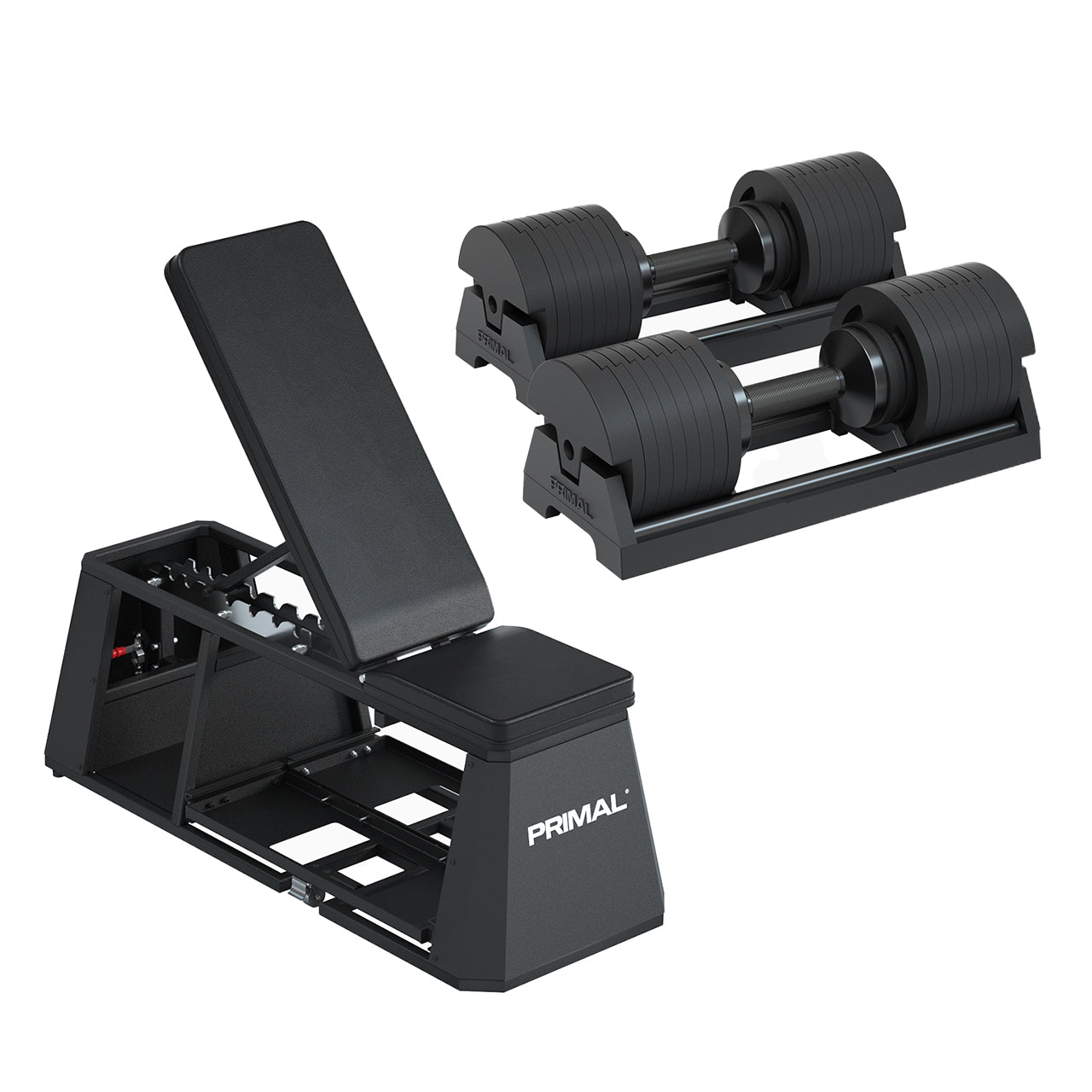 A HIIT gym bench with a pair of 40kg adjustable dumbbells.