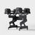 A dumbbell storage stand filled with a pair of adjustable dumbbells.