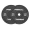 A pair of 5kg black rubber bumper plates.