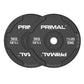 A pair of 5kg black rubber bumper plates.