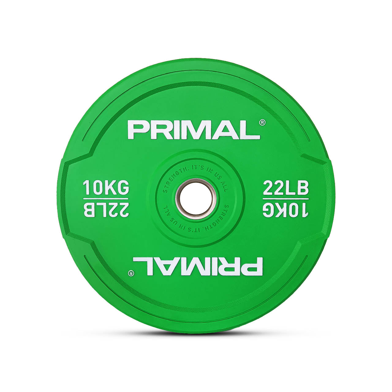 A 10kg single green rubber bumper plate.