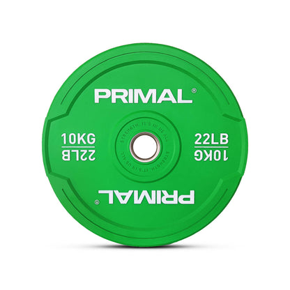A 10kg single green rubber bumper plate.