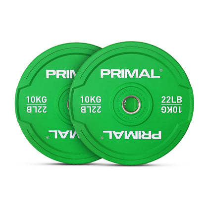 A 10kg pair of green rubber bumper plates.