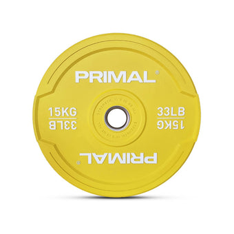 A 15kg single yellow rubber bumper plate.