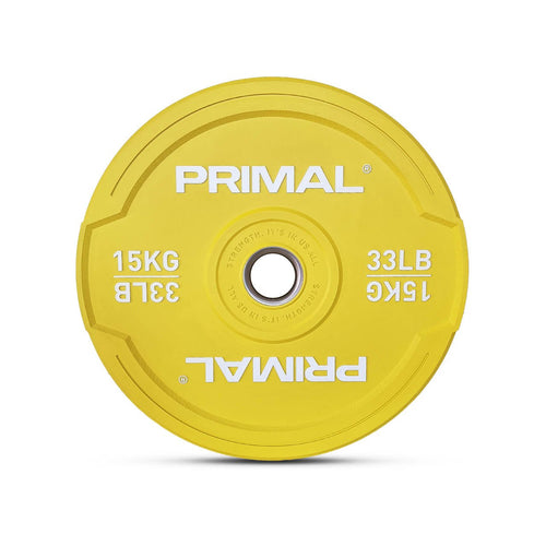 A 15kg single yellow rubber bumper plate.