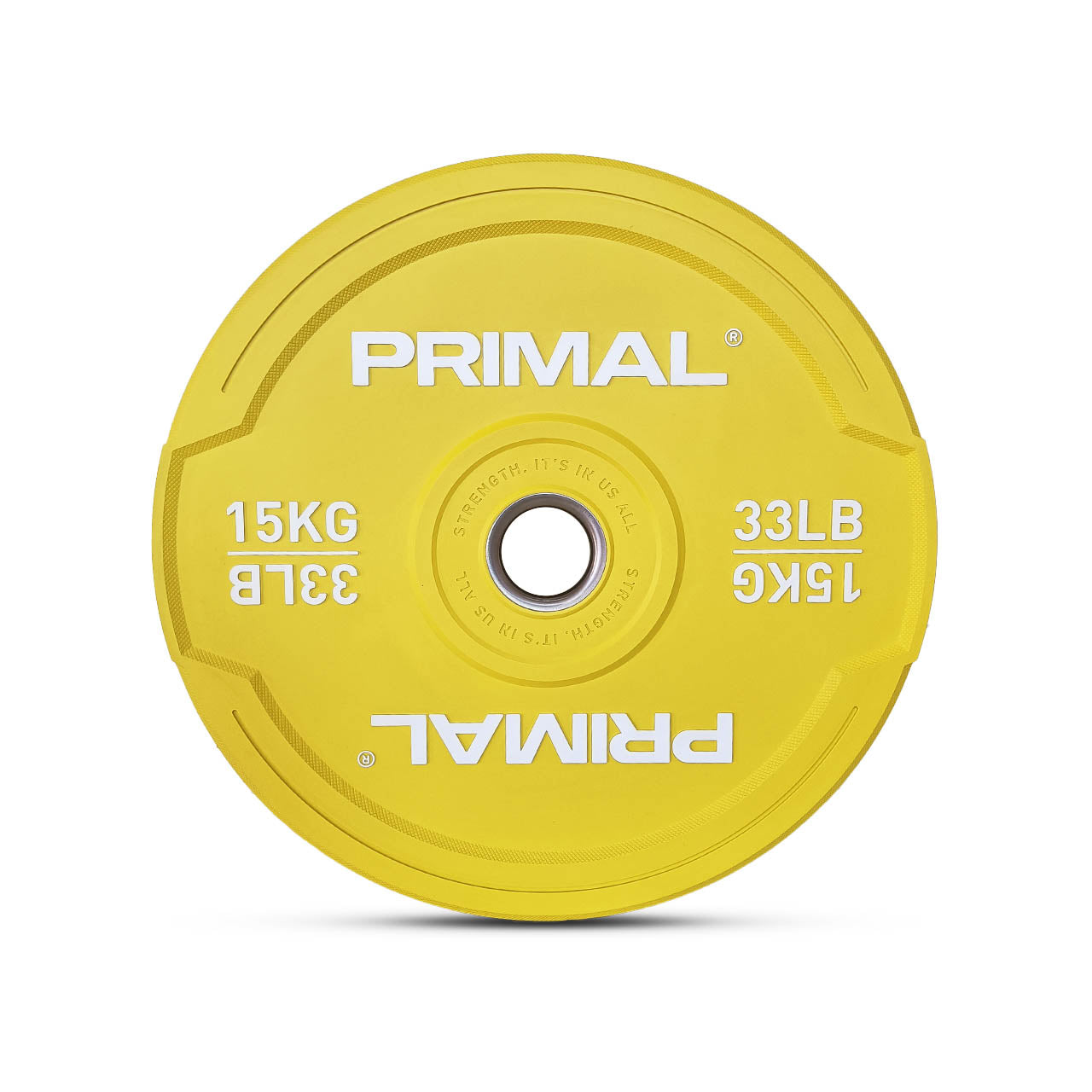 A 15kg single yellow rubber bumper plate.