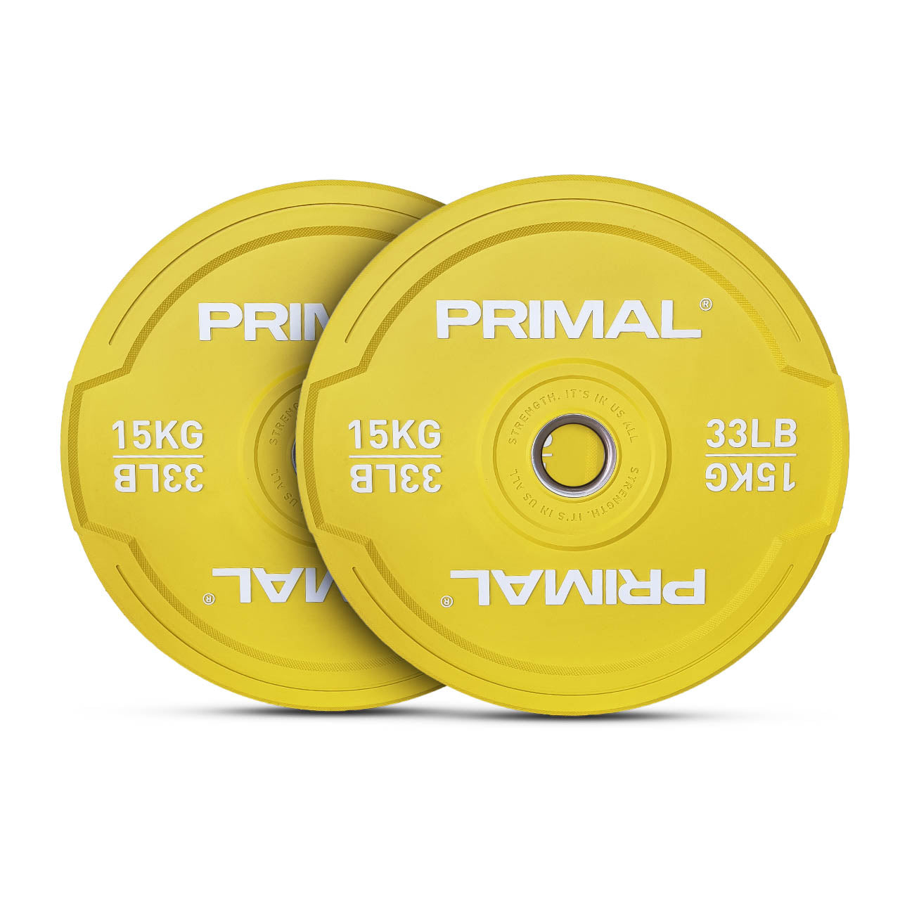 A 15kg pair of yellow rubber bumper plates.