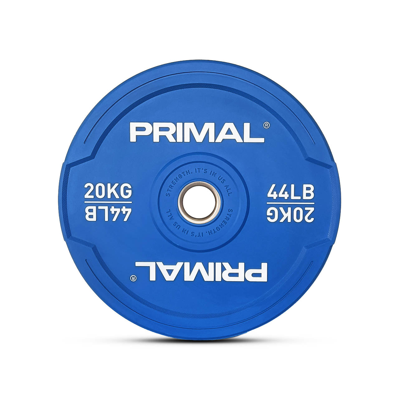 A 20kg single blue rubber bumper plate.