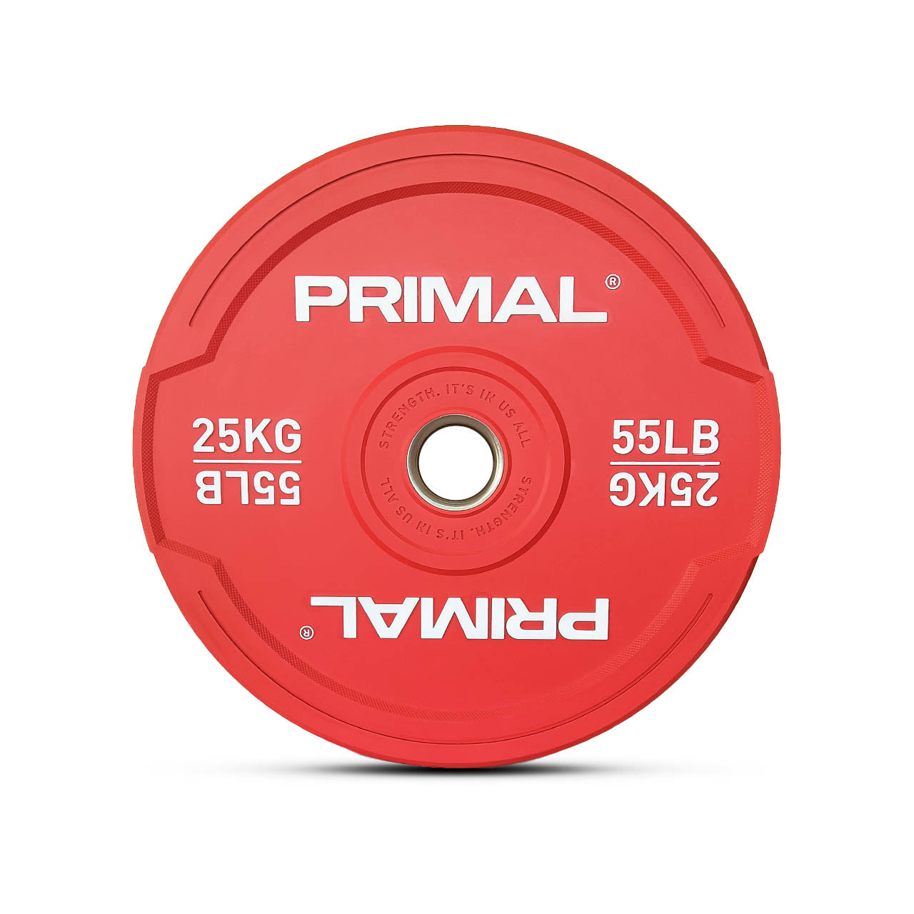 A 25kg single red rubber bumper plate.