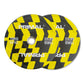 A pair of 15kg yellow and black patterned bumper plates.