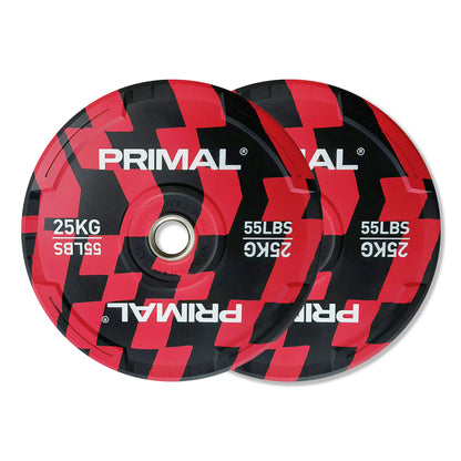 A pair of 25kg red and black patterned bumper plates.