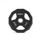 A 10kg black urethane olympic weight disc.