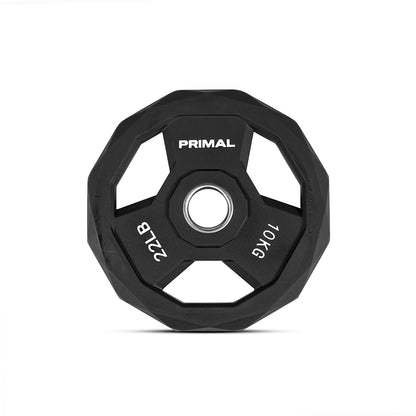 A 10kg black urethane olympic weight disc.