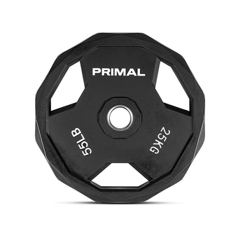 A 25kg black urethane olympic weight disc.