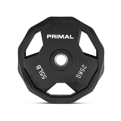 A 25kg black urethane olympic weight disc.