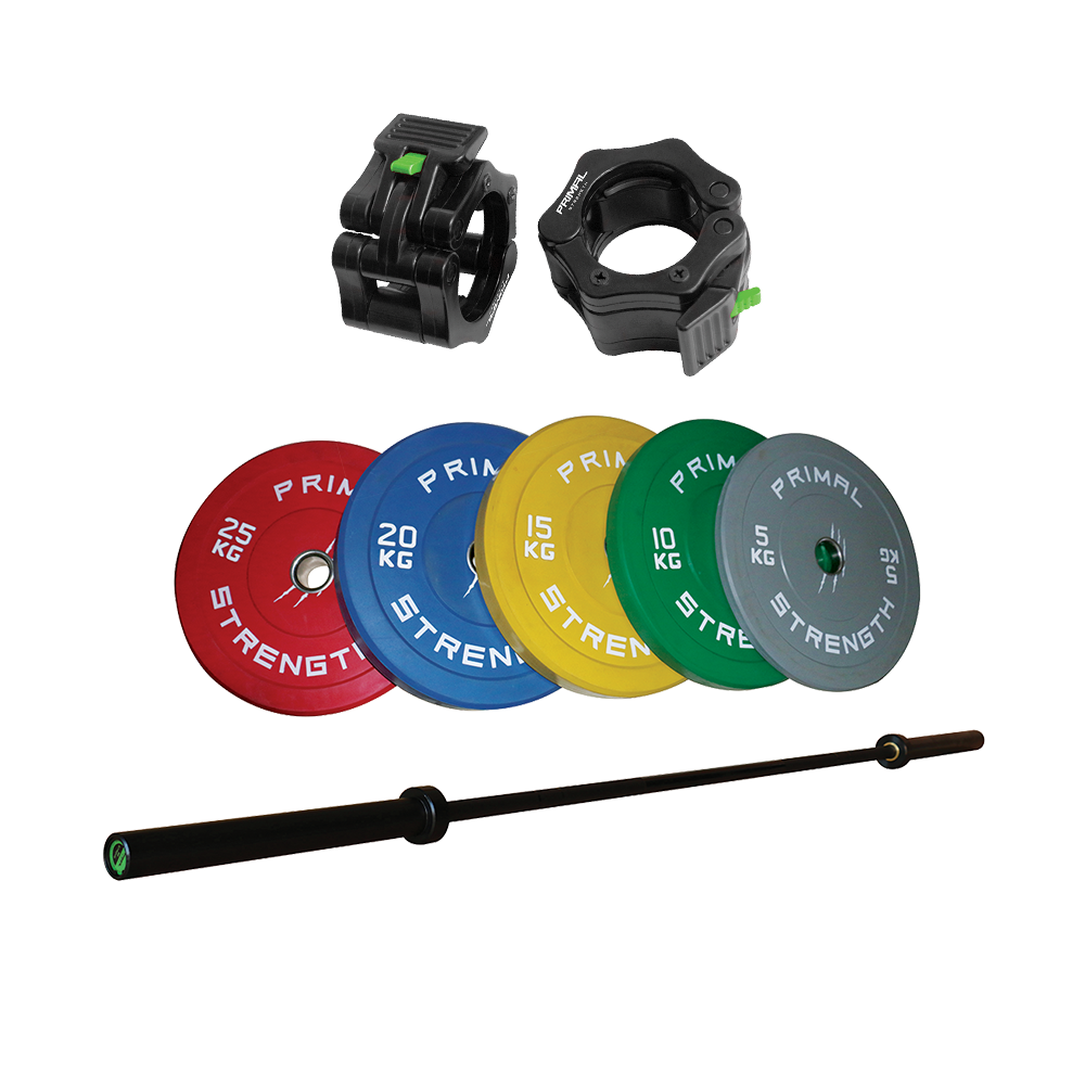 primal strength olympic barbell with coloured bumper plates and olympic collars