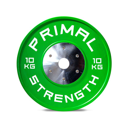 a green 10kg competition weight plate