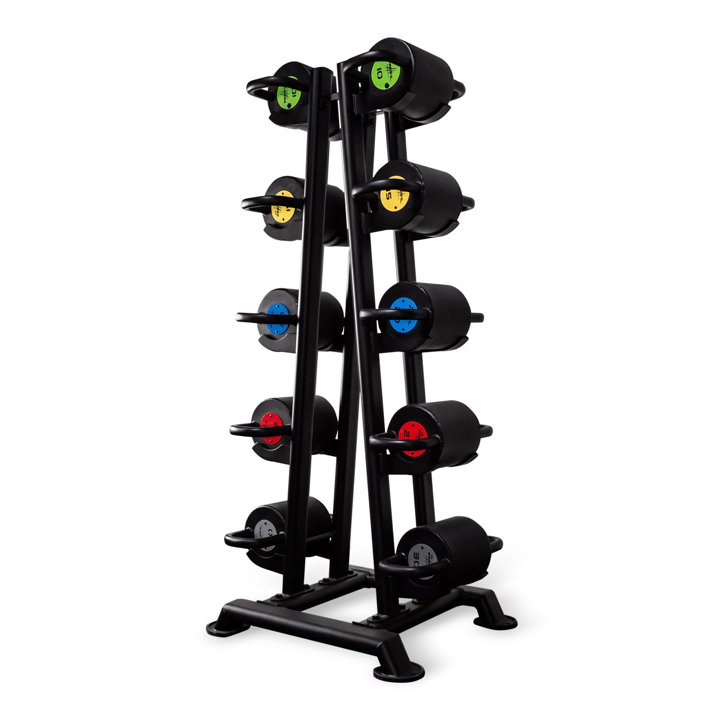a full vertical upright doublebell rack with 5 pairs of doublebells