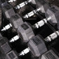 rubber hex dumbbells on a 2 tier dumbbell rack