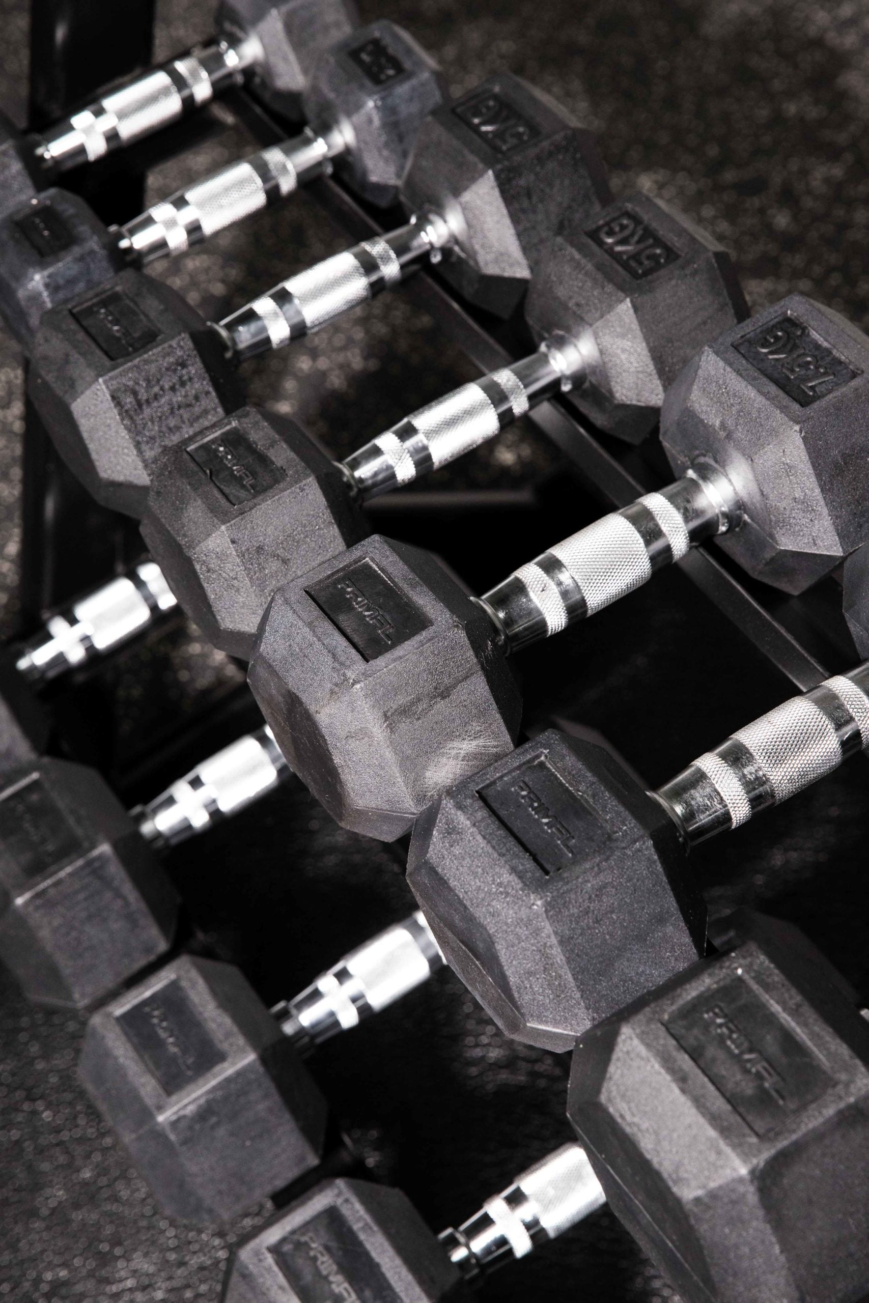 rubber hex dumbbells on a 2 tier dumbbell rack