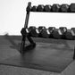 a full 2 tier small dumbbell rack on a black fitness mat