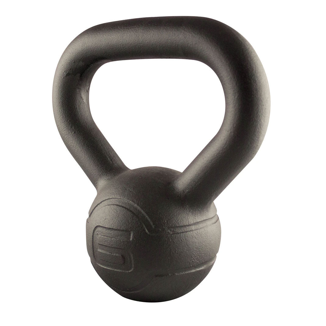 A 6kg black cast iron kettlebell.