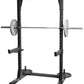a loaded barbell racked on a quarter rack with safety stoppers