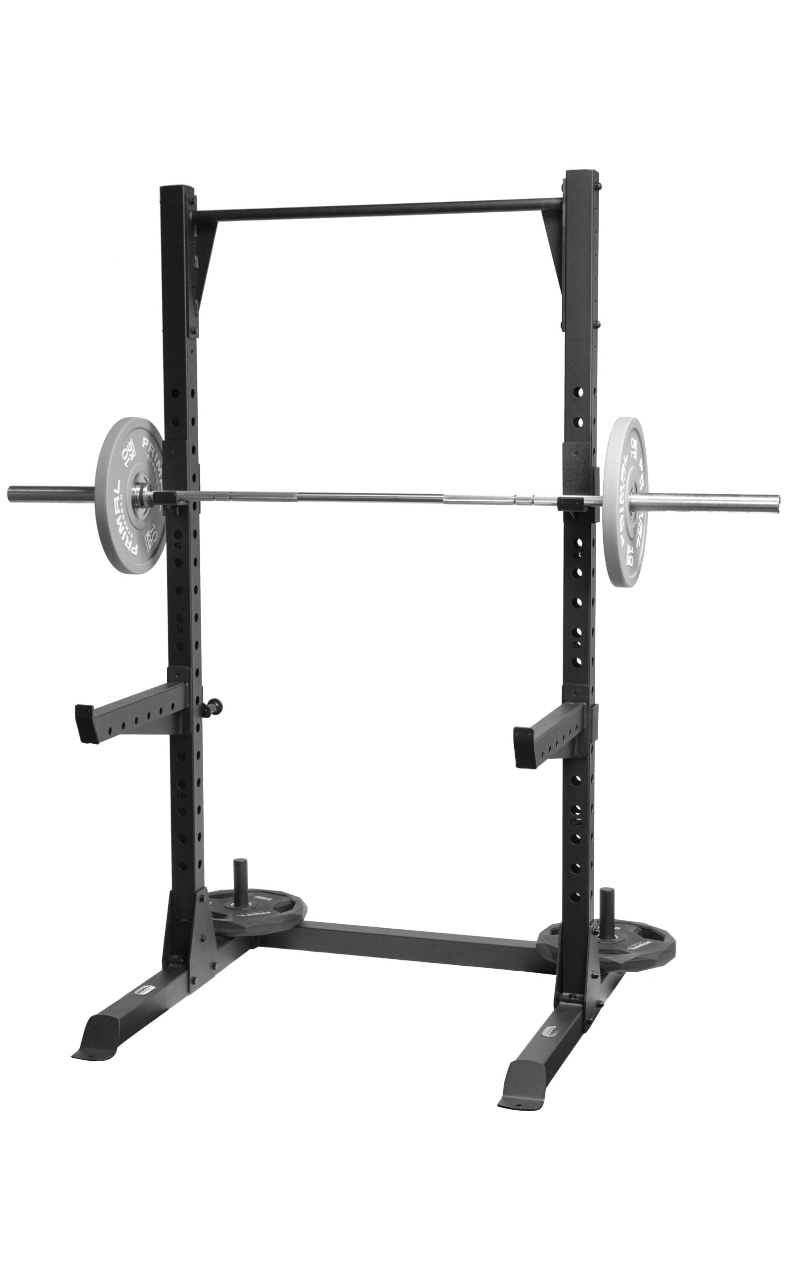 a loaded barbell racked on a quarter rack with safety stoppers