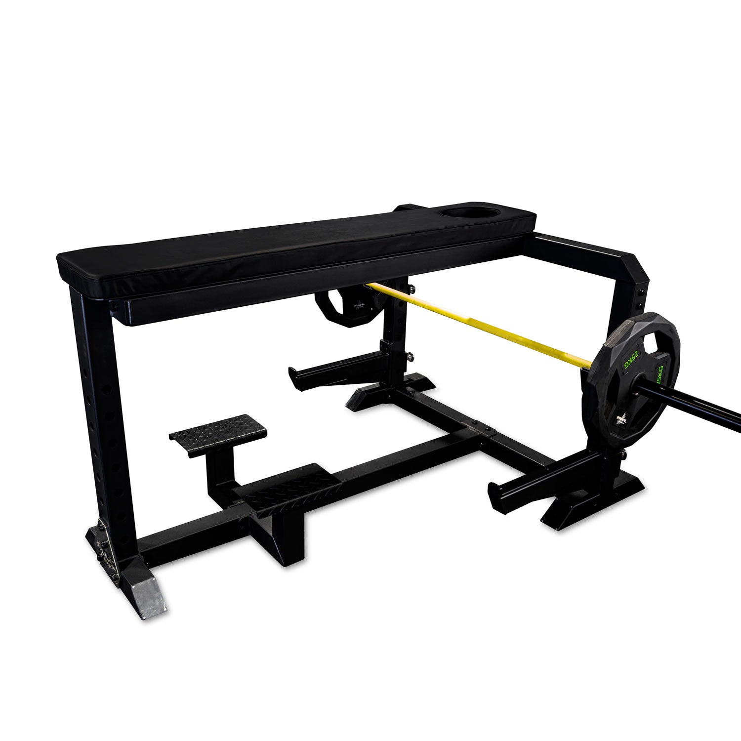 black prone row gym bench with loaded barbell