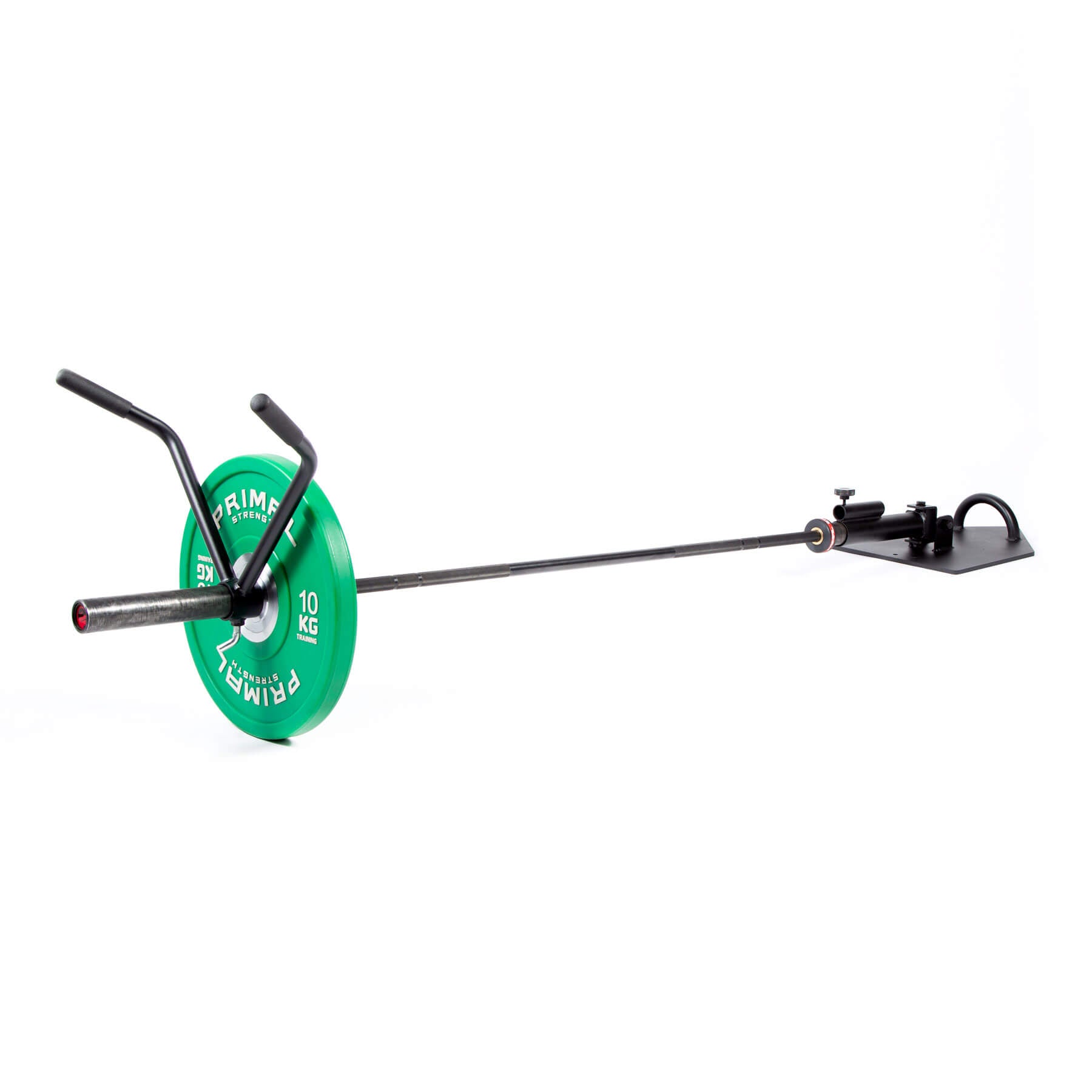 a stand alone  landmine with a loaded barbell attached and v bar barbell attachment