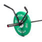 a black barbell loaded with a weight plate and v bar barbell attachment