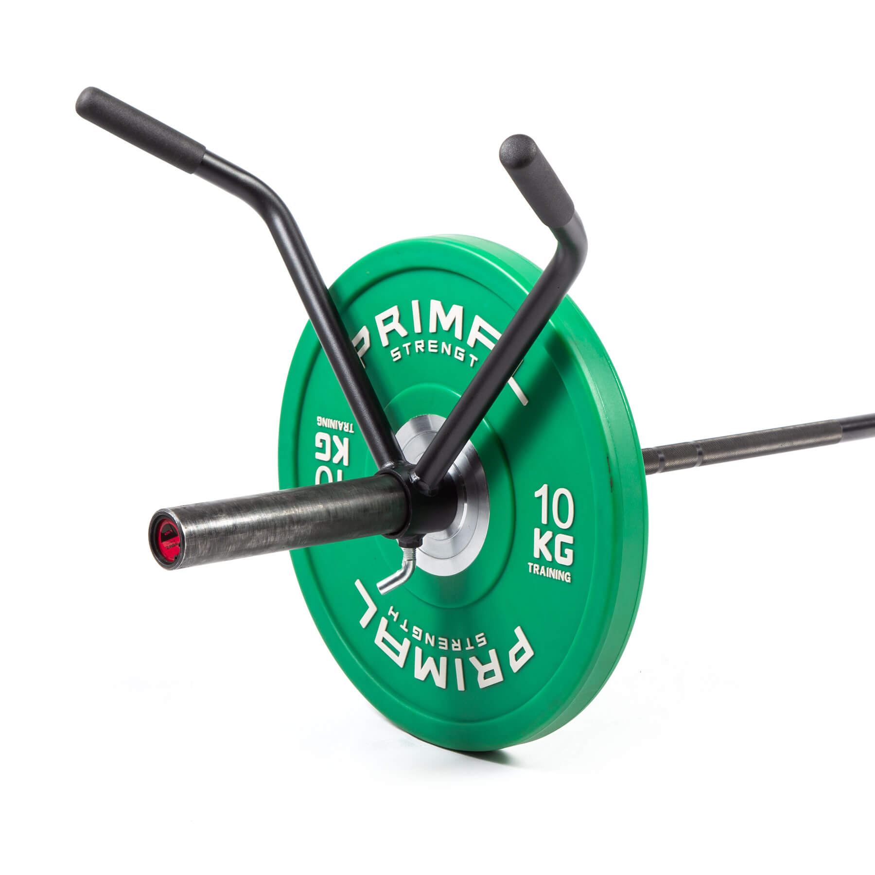 a black barbell loaded with a weight plate and v bar barbell attachment