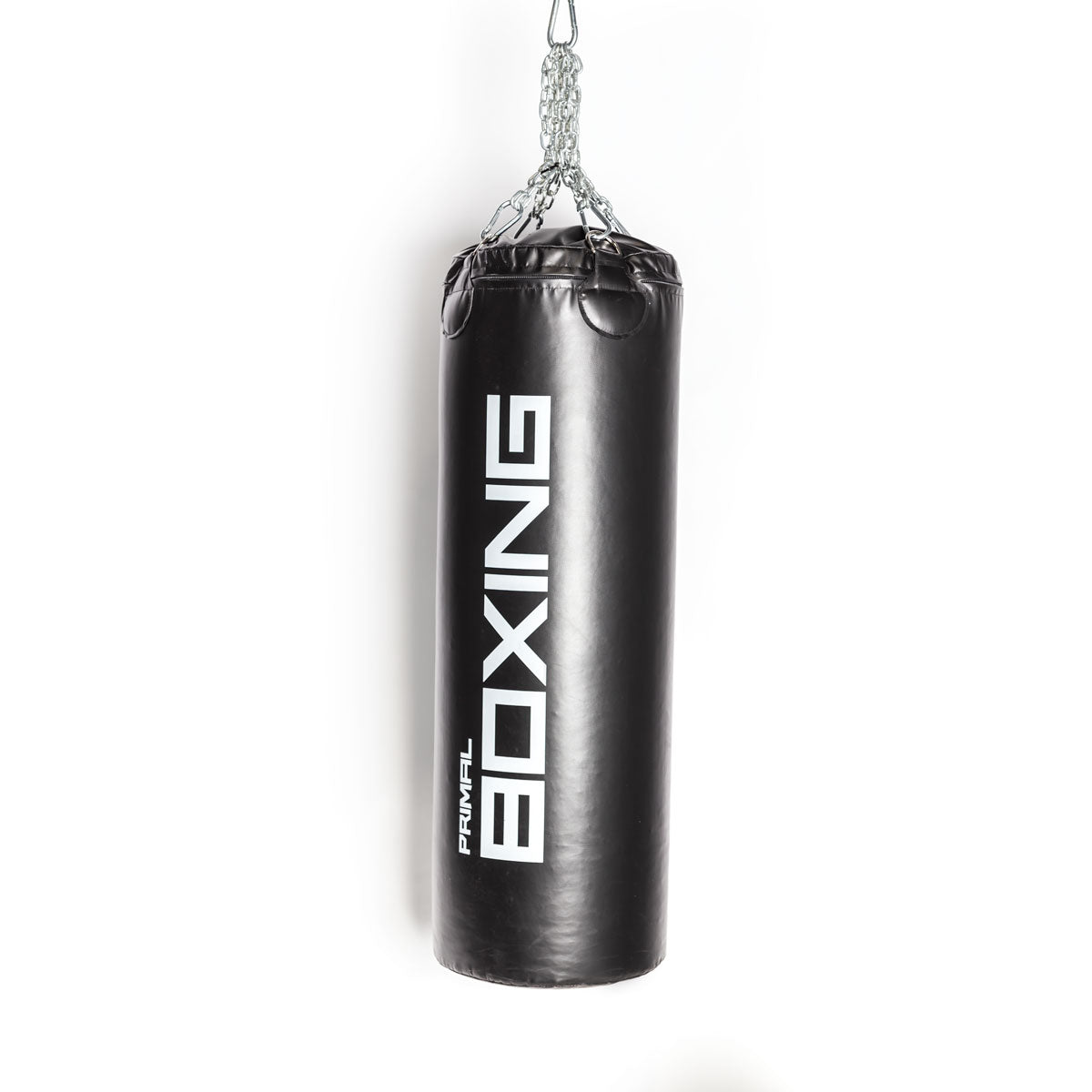 A black 4ft boxing bag with printed white branding.