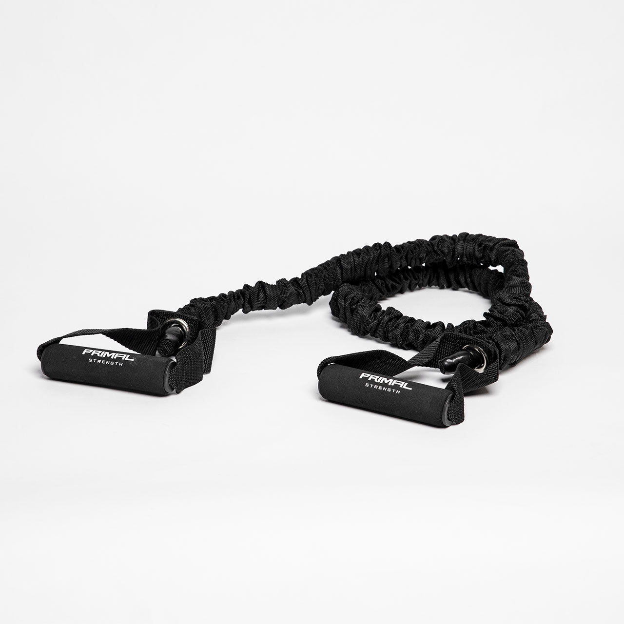 A black resistance band with handles.