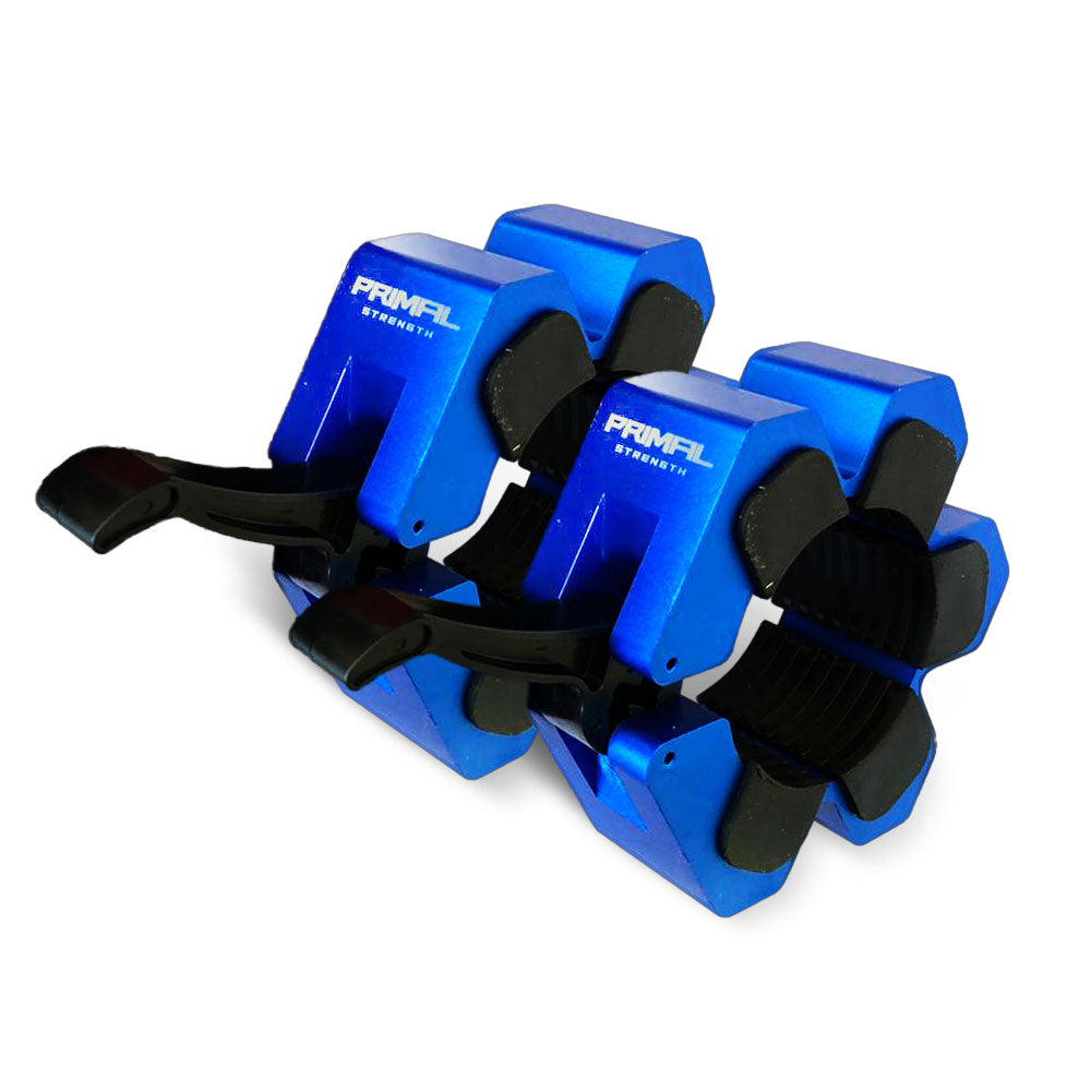 A blue aluminium lockjaw collar for barbells.