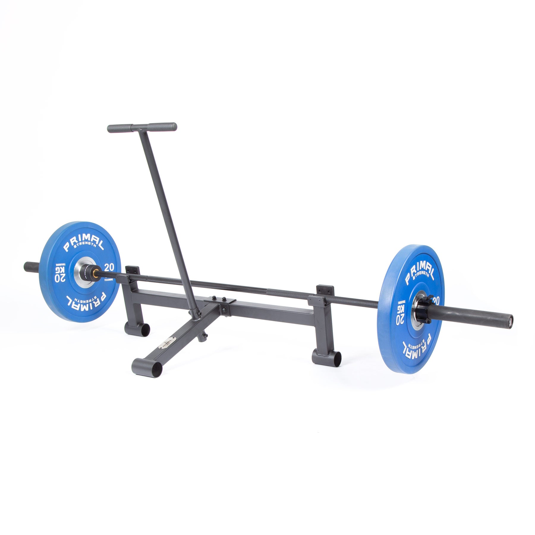 a barbell with weight plates on a black bar jack