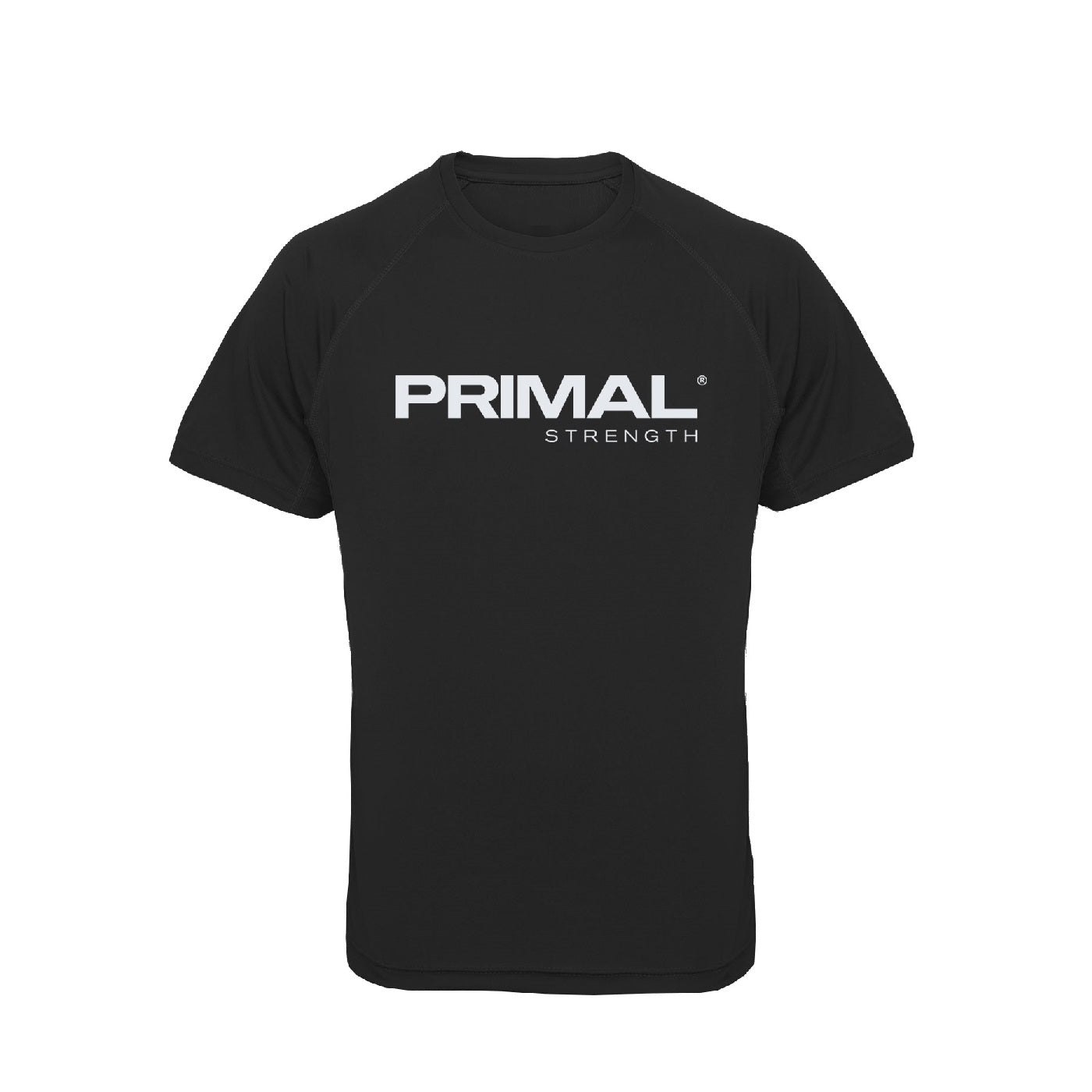 A men's black t-shirt with white printed branding.