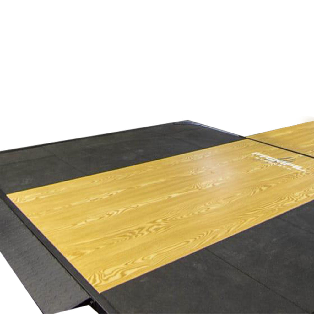 a olympic deadlifting platform with a wooden centre and rubber side drop pads