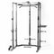 A home gym rack with dip and landmine attachments.