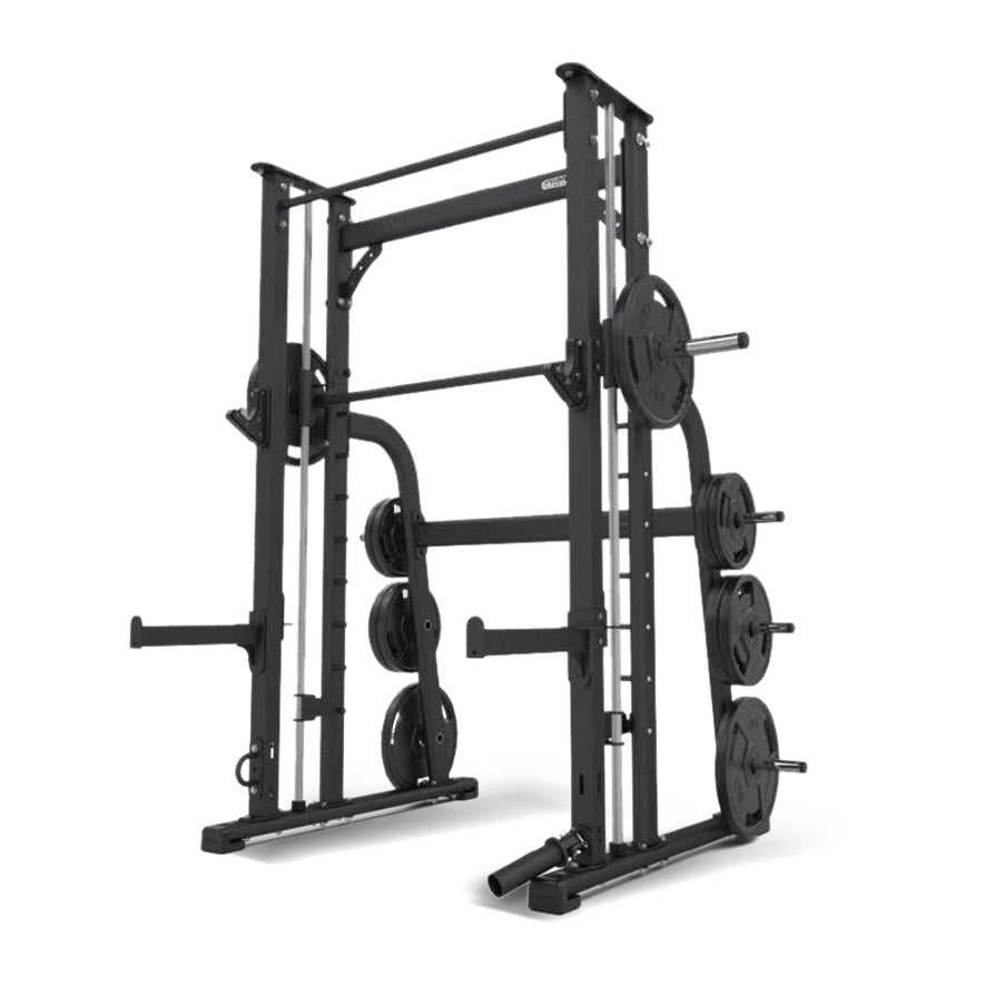 a gym power rack with smith machine loaded with weight plates