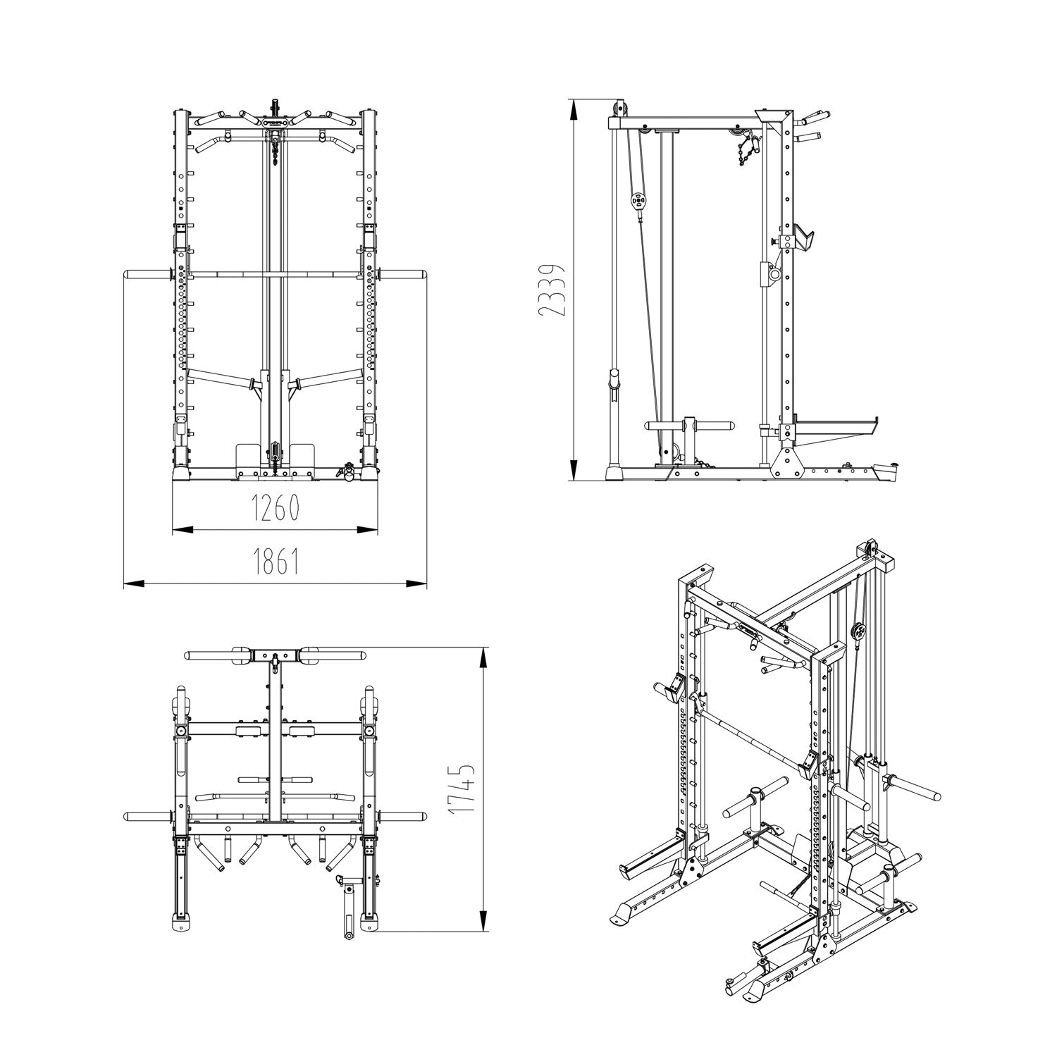 a diagram and dimensions of a half rack with single pulley machine